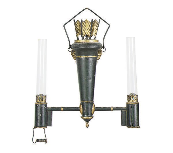 A BLACK AND GILT-TOLE PEINTE FLUID CHANDELIER,