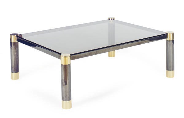 A BRASS, CHROMED-METAL AND SMOKY-GLASS COFFEE TABLE,