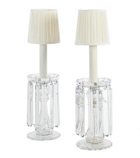 A PAIR OF CUT-GLASS TABLE LUSTRES MOUNTED AS LAMPS,