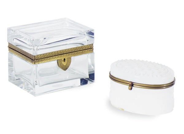 TWO GILT-METAL MOUNTED GLASS BIJOUTERIE BOXES,