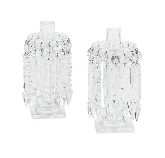A PAIR OF CUT-GLASS TABLE LUSTRE CANDLESTICKS,