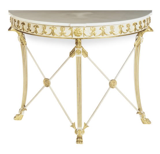 A PAIR OF WHITE-PAINTED AND PARCEL-GILT MARBLE-TOP DEMILUNE PIER TABLES,