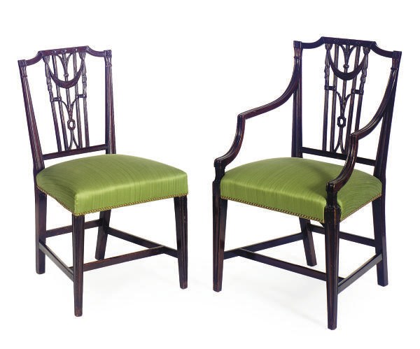 A SET OF TEN ENGLISH MAHOGANY DINING CHAIRS,