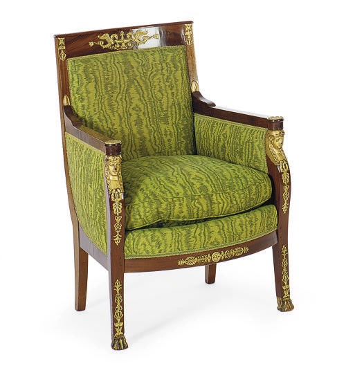 A FRENCH EMPIRE ORMOLU MOUNTED MAHOGANY BERGERE,