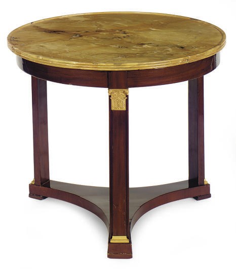 A GILT-METAL MOUNTED MAHOGANY AND MARBLE-TOP CENTER TABLE,