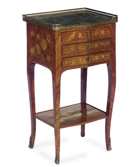 A TULIPWOOD, MARQUETRY AND GREY-MARBLE SIDE TABLE,