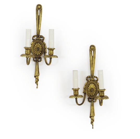 A PAIR OF GILT-METAL TWO-BRANCH WALL-LIGHTS,