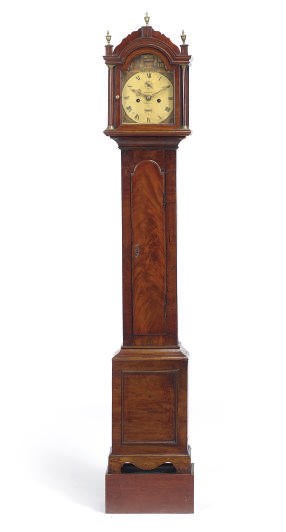 AN ENGLISH MAHOGANY DIMINUTIVE TALL CASE CLOCK,