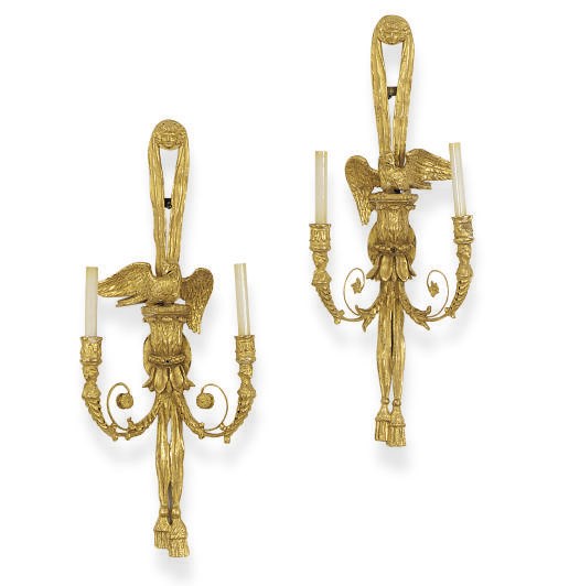 A PAIR OF GILTWOOD TWO-BRANCH WALL-LIGHTS,