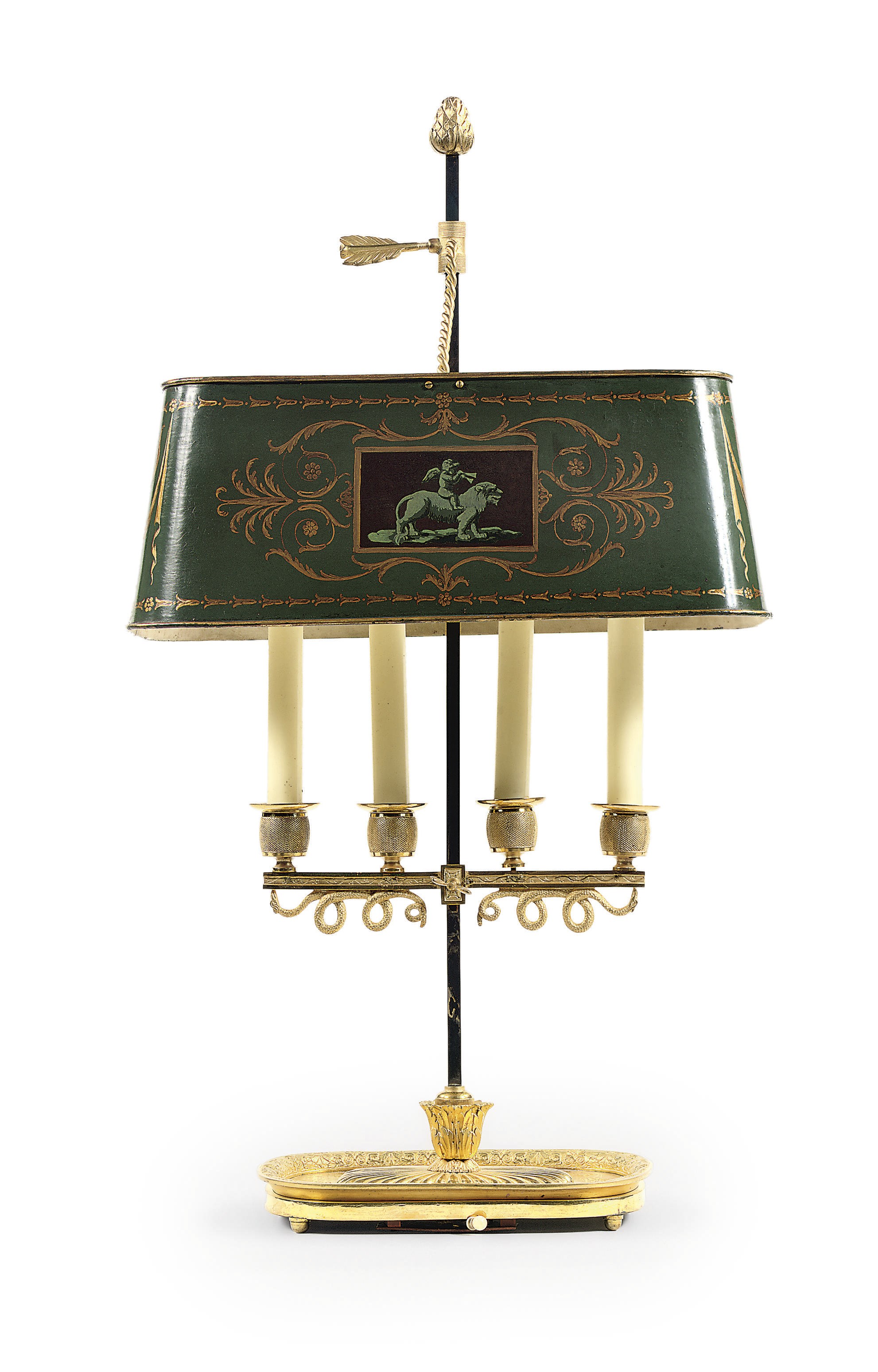 A BALTIC ORMOLU AND POLYCHROME-DECORATED TOLE PEINTE LAMPE BOUILLOTTE