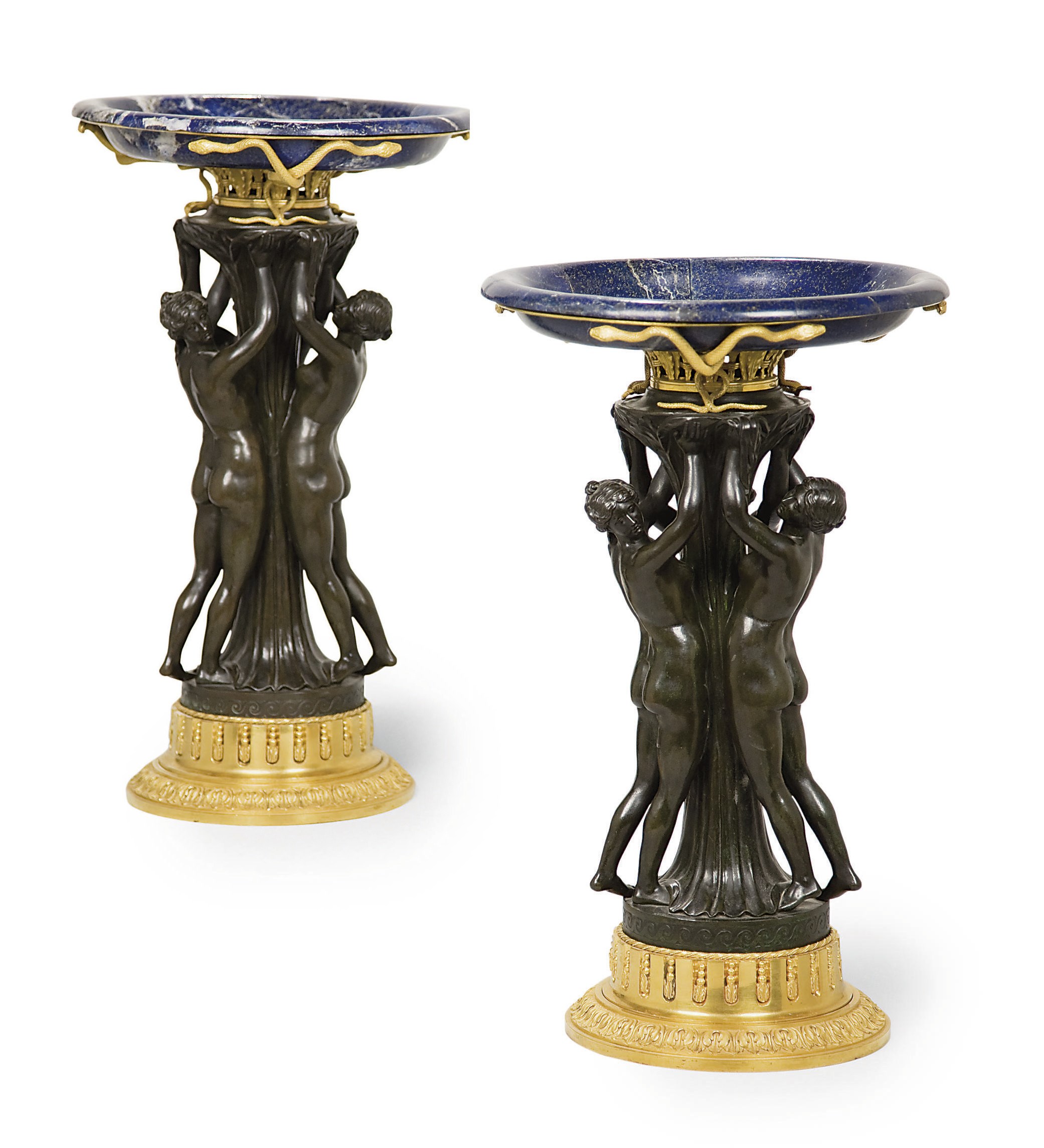 A PAIR OF LATE LOUIS XVI ORMOLU-MOUNTED, PATINATED BRONZE AND LAPIS LAZULI TAZZE