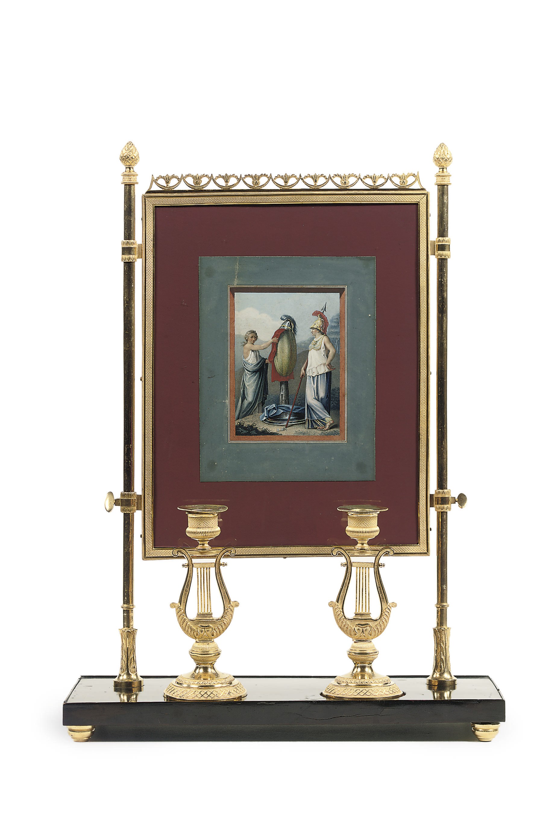 AN AUSTRIAN ORMOLU-MOUNTED, POLYCHROME-DECORATED SCREEN WITH CANDLESTICKS