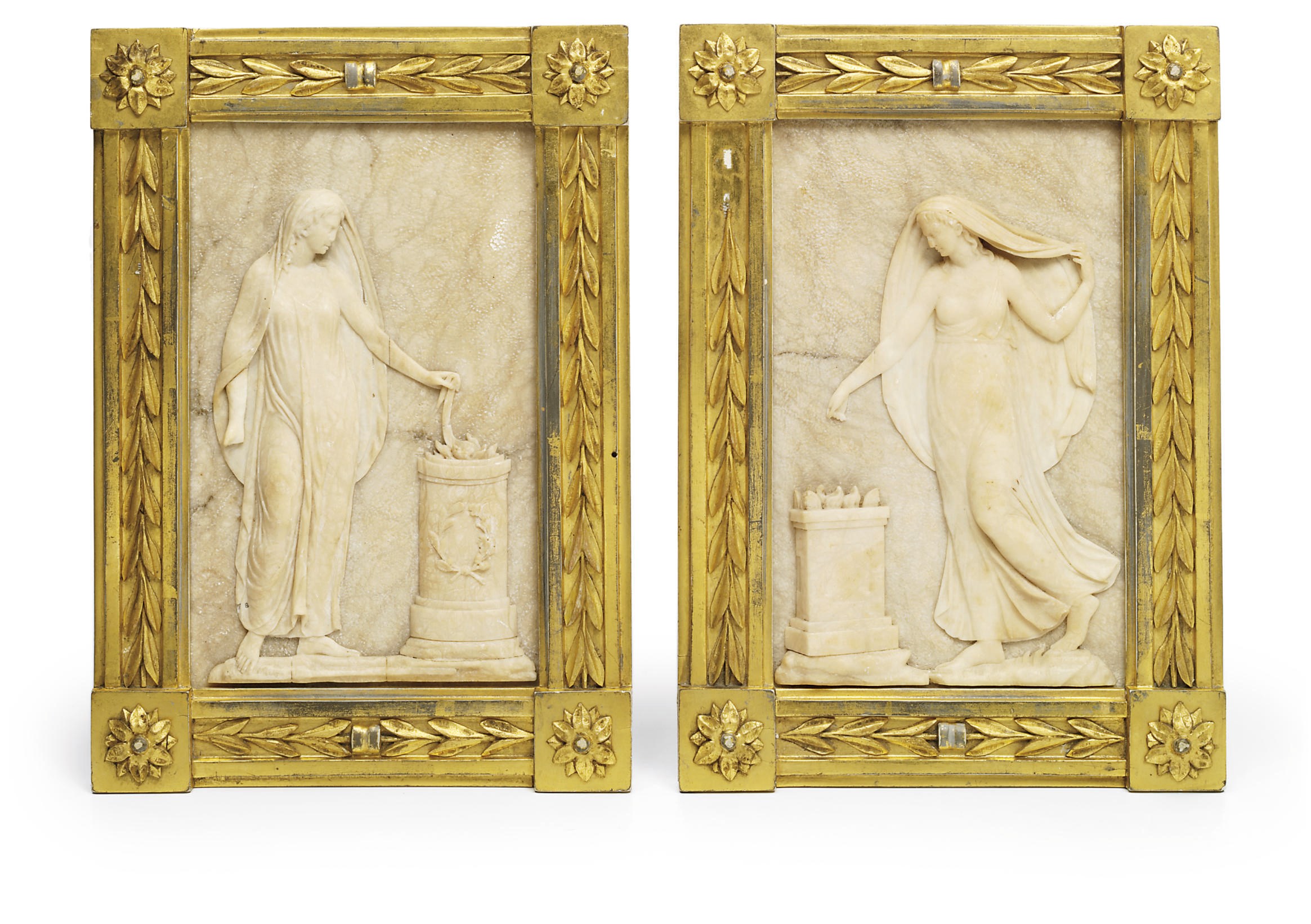 A PAIR OF RECTANGULAR CARVED ALABASTER RELIEFS OF VESTALS