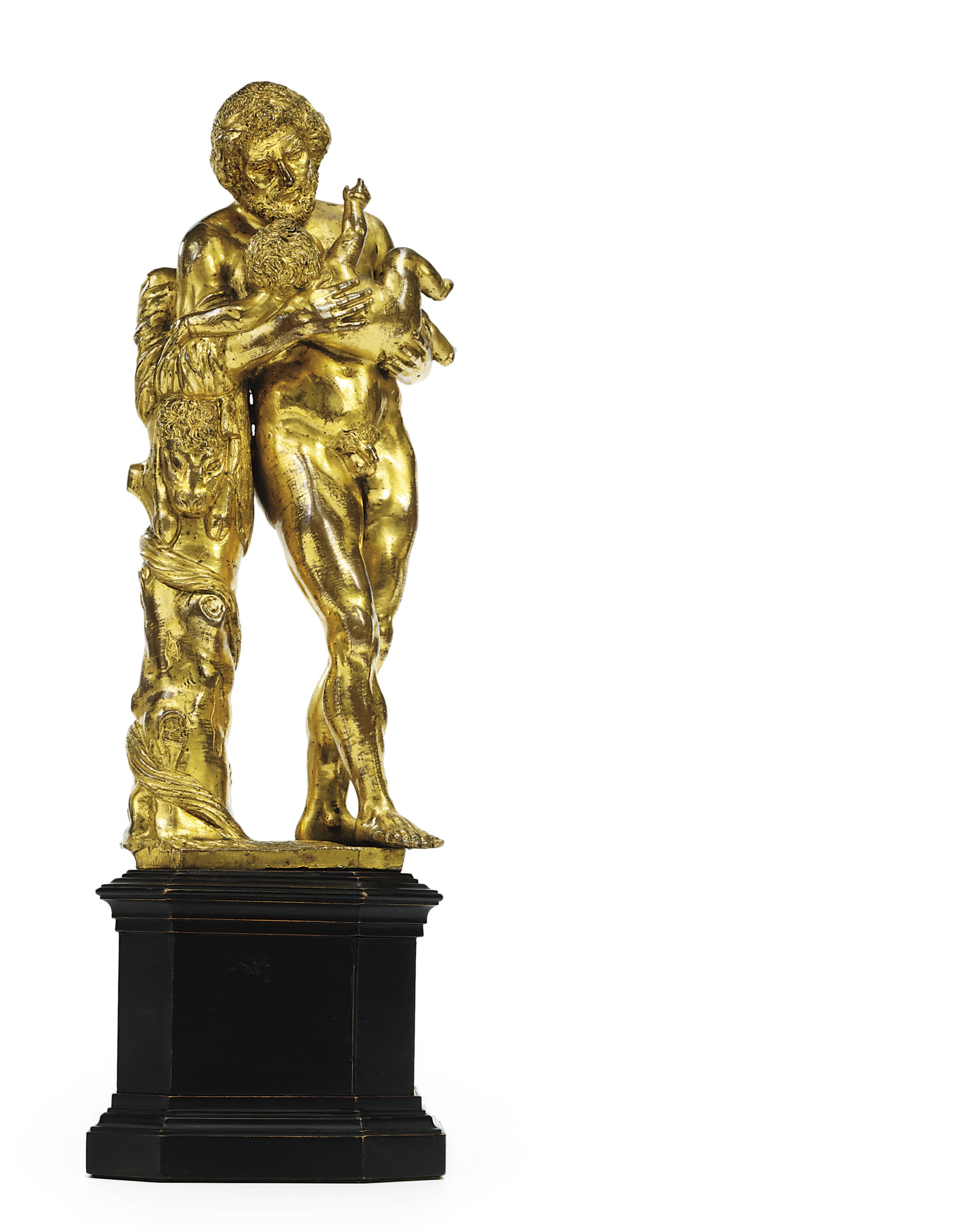 A GILT-BRONZE GROUP OF SILENUS CARRYING THE INFANT BACCHUS
