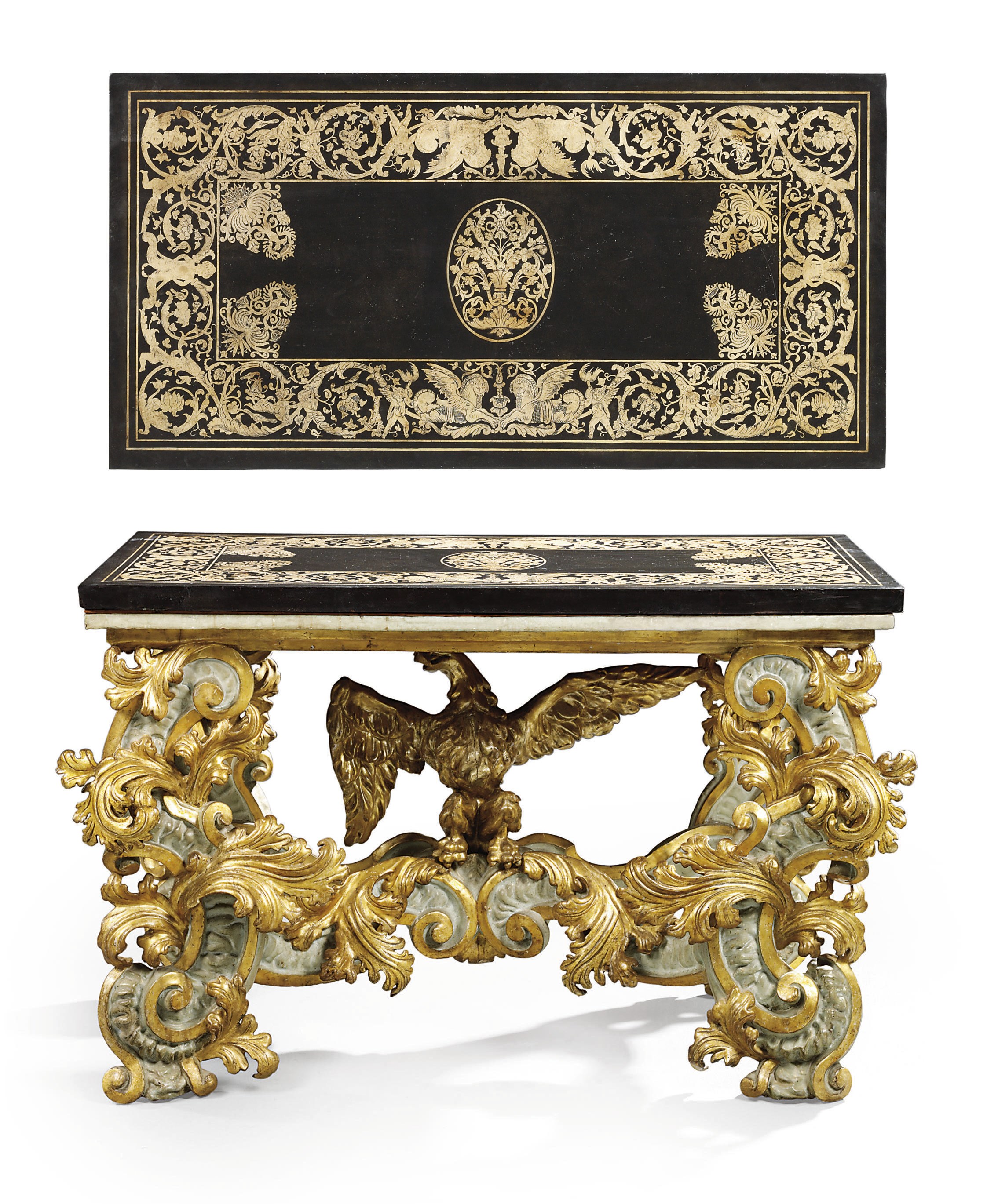AN ITALIAN GILT-VARNISHED SILVERED 'MECCA', LIGHT-BLUE PAINTED AND SCAGLIOLA CONSOLE TABLE