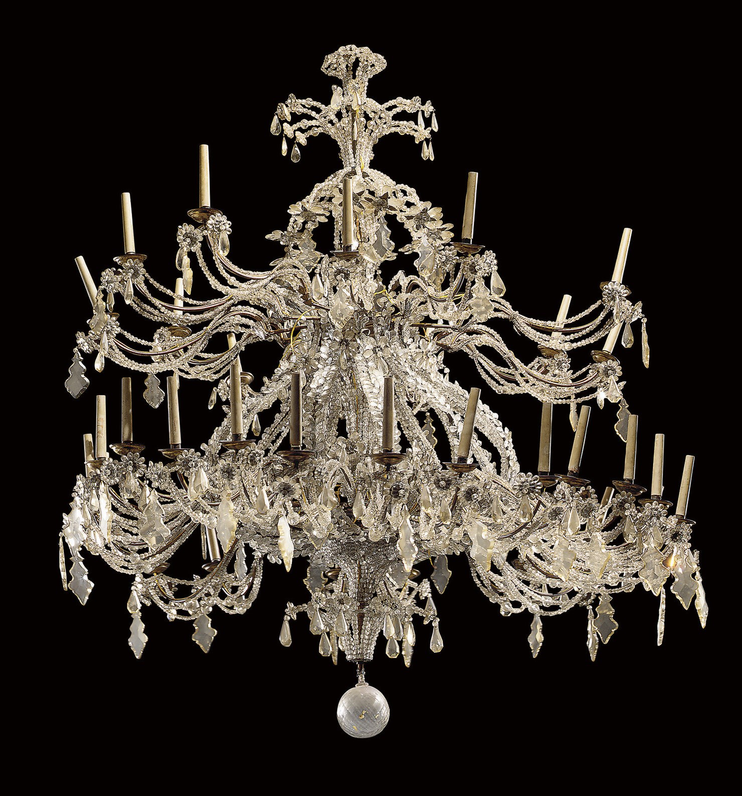 AN ITALIAN CUT-CRYSTAL, GLASS, BRASS AND TOLE THIRTY-SIX LIGHT CHANDELIER