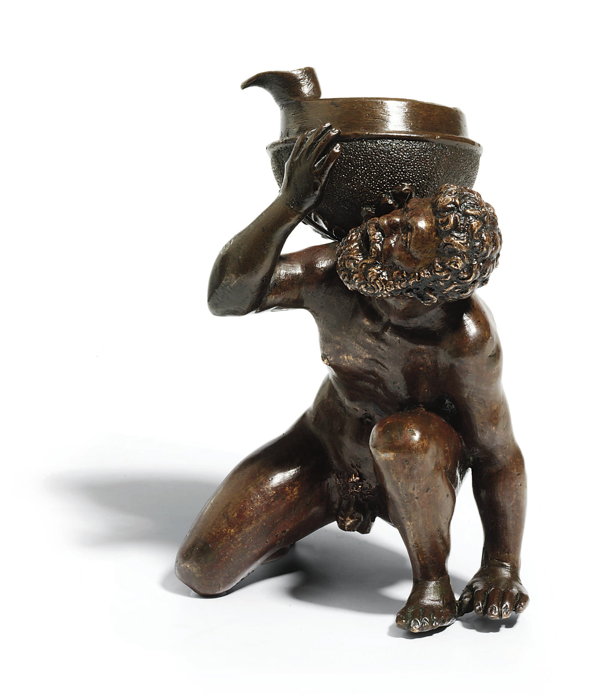 A BRONZE INKWELL IN THE FORM OF ATLAS SUPPORTING THE GLOBE OF HEAVEN