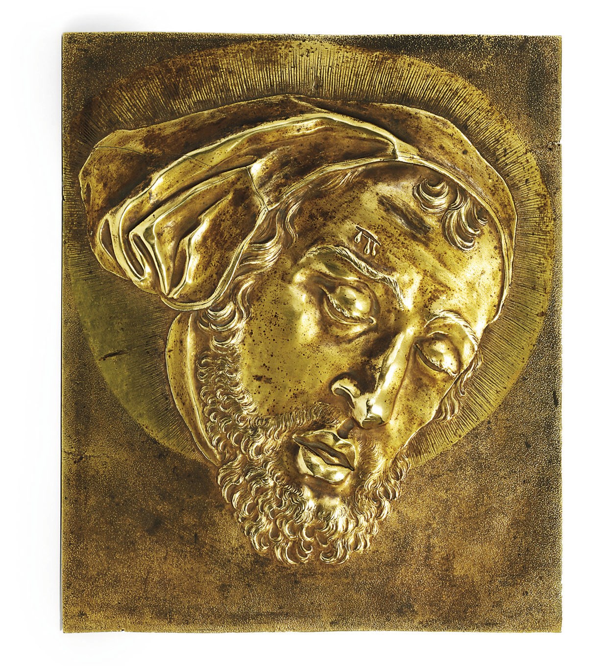 A RECTANGULAR GILT-BRONZE PLAQUE OF THE HEAD OF ST JOHN THE BAPTIST