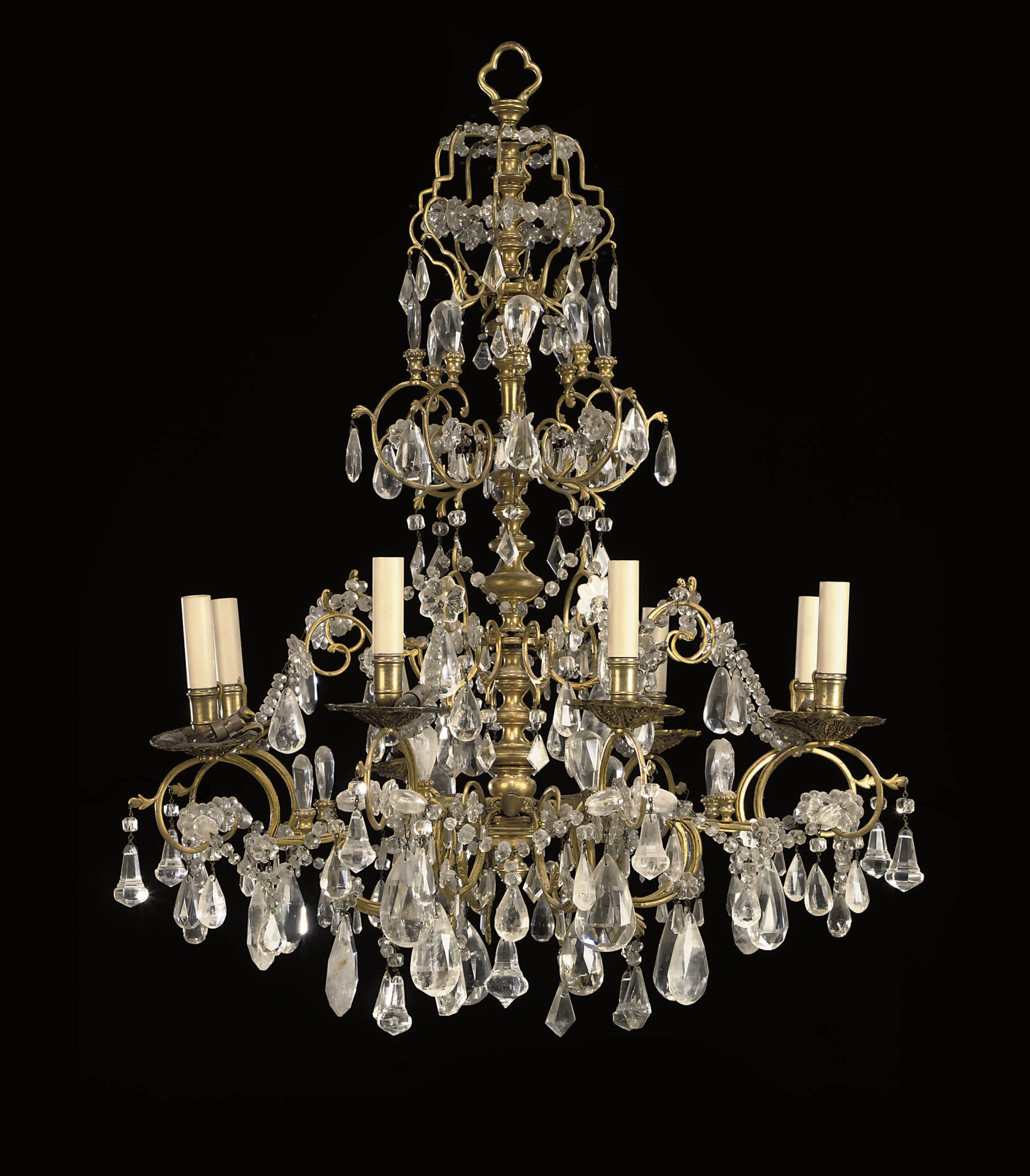 A FRENCH ORMOLU, ROCK CRYSTAL AND CUT-GLASS EIGHT-LIGHT CHANDELIER
