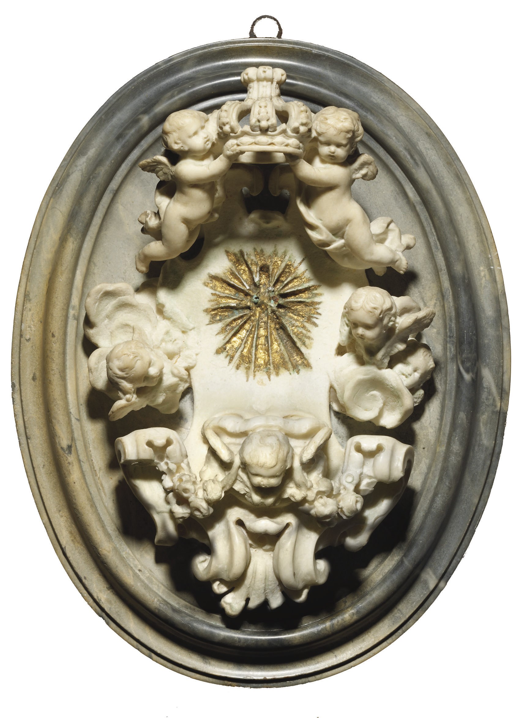 A PARCEL-GILT CARVED MARBLE HOLY WATER STOOP