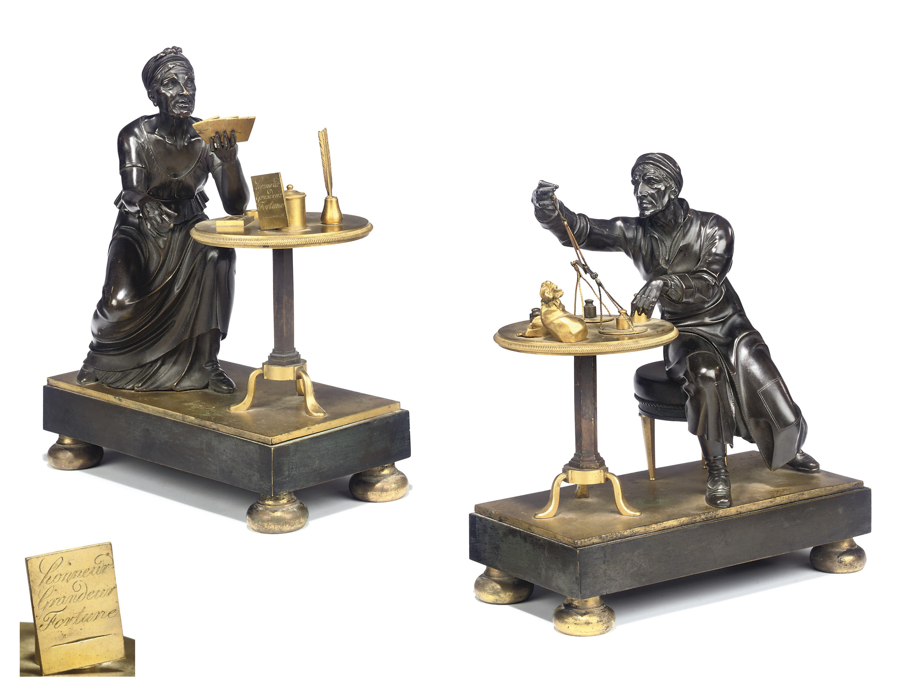A PAIR OF FRENCH ORMOLU AND PATINATED BRONZE FIGURATIVE GROUPS