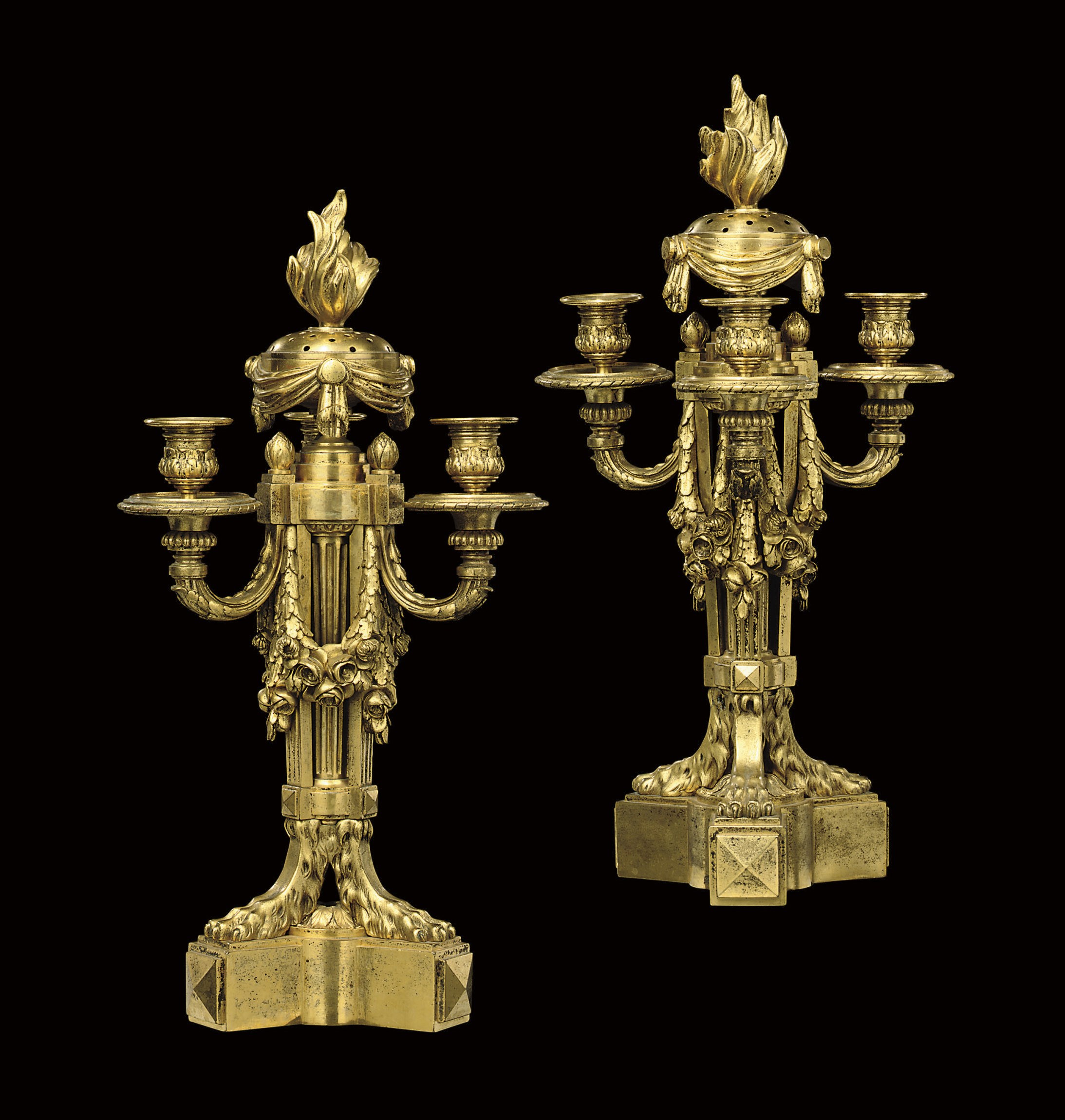 A PAIR OF FRENCH ORMOLU THREE-BRANCH CANDELABRA