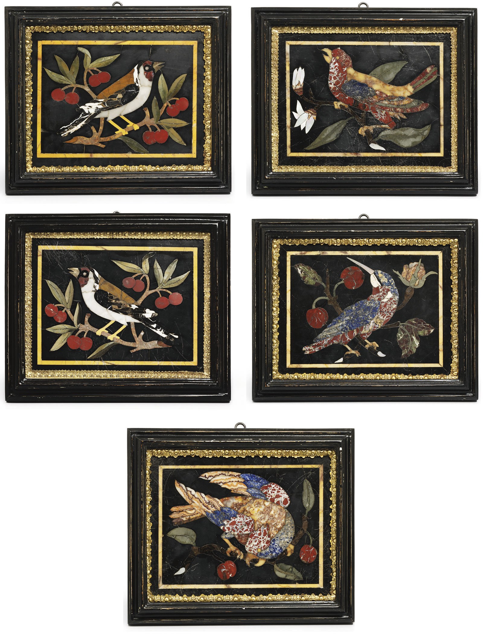 A SET OF FIVE RECTANGULAR PIETRA DURA AND MOTHER-OF-PEARL PLAQUES OF BIRDS