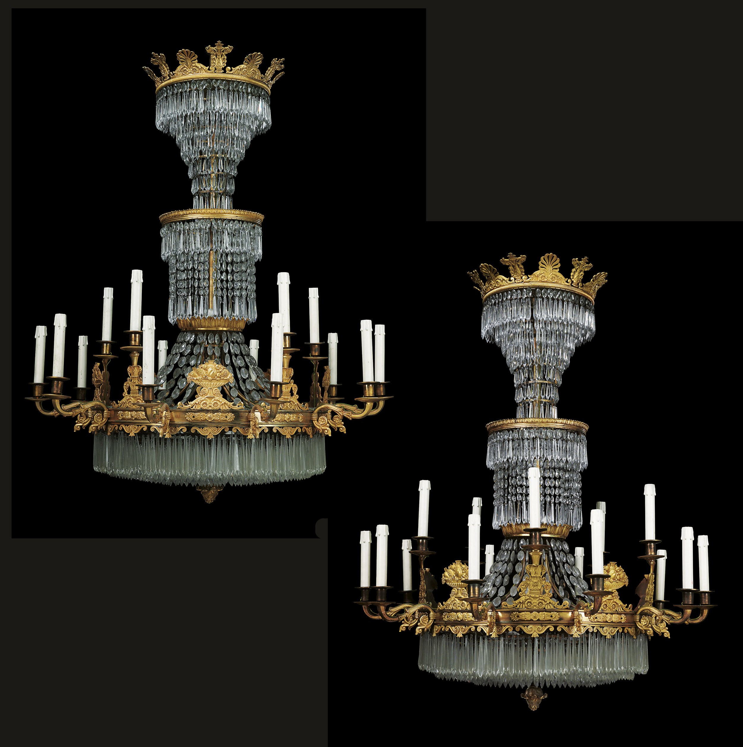 A PAIR OF RESTAURATION ORMOLU AND CUT-CRYSTAL FIFTEEN-LIGHT CHANDELIERS