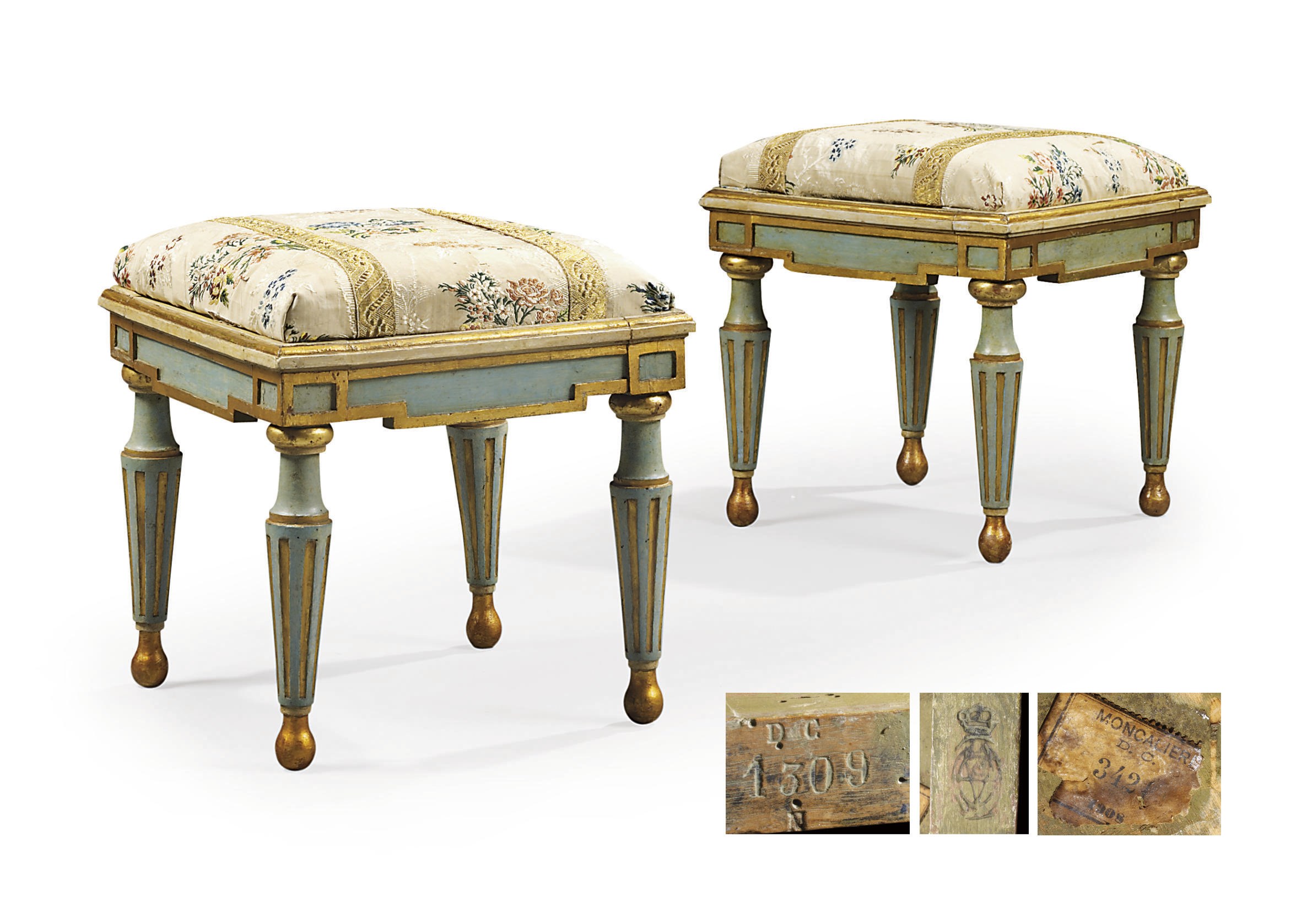 A PAIR OF NORTH ITALIAN PARCEL-GILT AND BLUE-PAINTED STOOLS