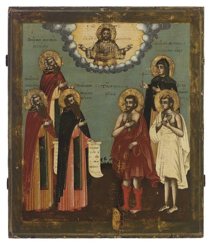 CHRIST PANTOKRATOR WITH THE MONASTIC SAINT HOLY MICHAIL MALIEN, AND REVS ZOSIMAS AND SAVVATII OF SLOVKI TO THE LEFT, THE HOLY MARTYR THEODOSIA, THE HOLY FOOL ST PROKOPII OF USTIUG AND ST. IOANN TO THE RIGHT