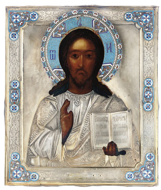 CHRIST PANTOKRATOR WITH A SILVER OKLAD INCLUDING CLOISONNÉ ENAMELLED MOUNTS AND A HALO