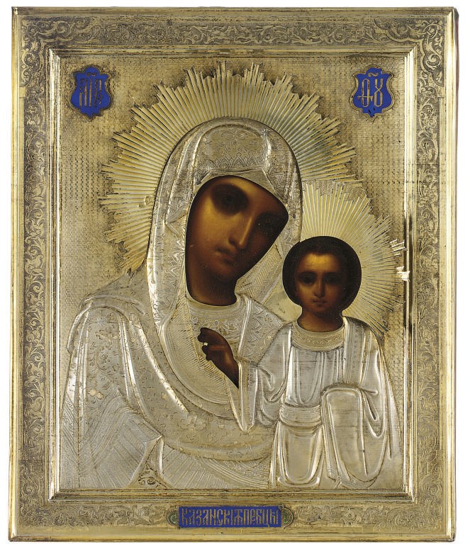 MOTHER OF GOD OF KAZAN WITH A PARCEL-GILT AND CHAMPLEVÉ ENAMELLED OKLAD