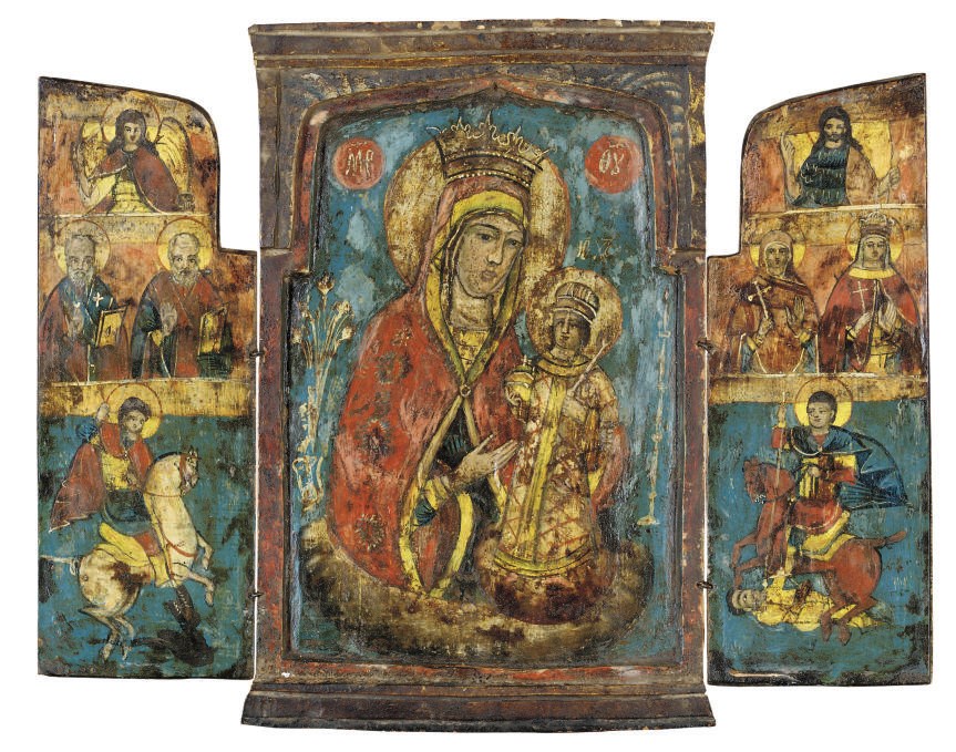 A TRYIPTYCH WITH THE MOTHER OF GOD OF THE "UNFADING ROSE" INCLUDING SELECTED SAINTS