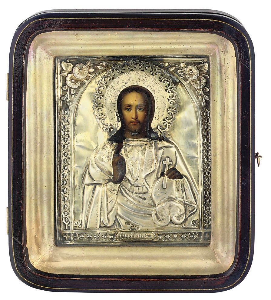 CHRIST PANTOKRATOR WITH A SILVER-GILT OKLAD ENCASED IN A GLAZED WOODEN KYOT