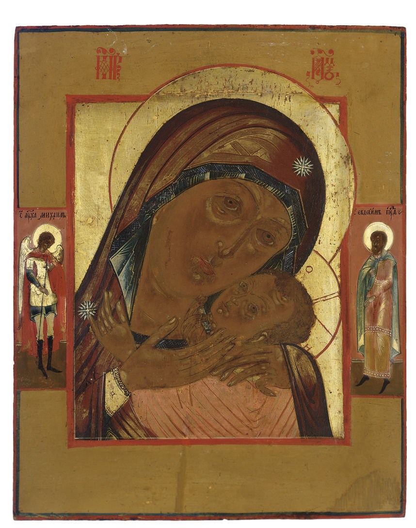 THE MOTHER OF GOD OF TENDERNESS WITH THE ARCHANGEL MICHAEL AND THE CAPPADOCIAN SAINT EVDOKIM ON THE BORDER