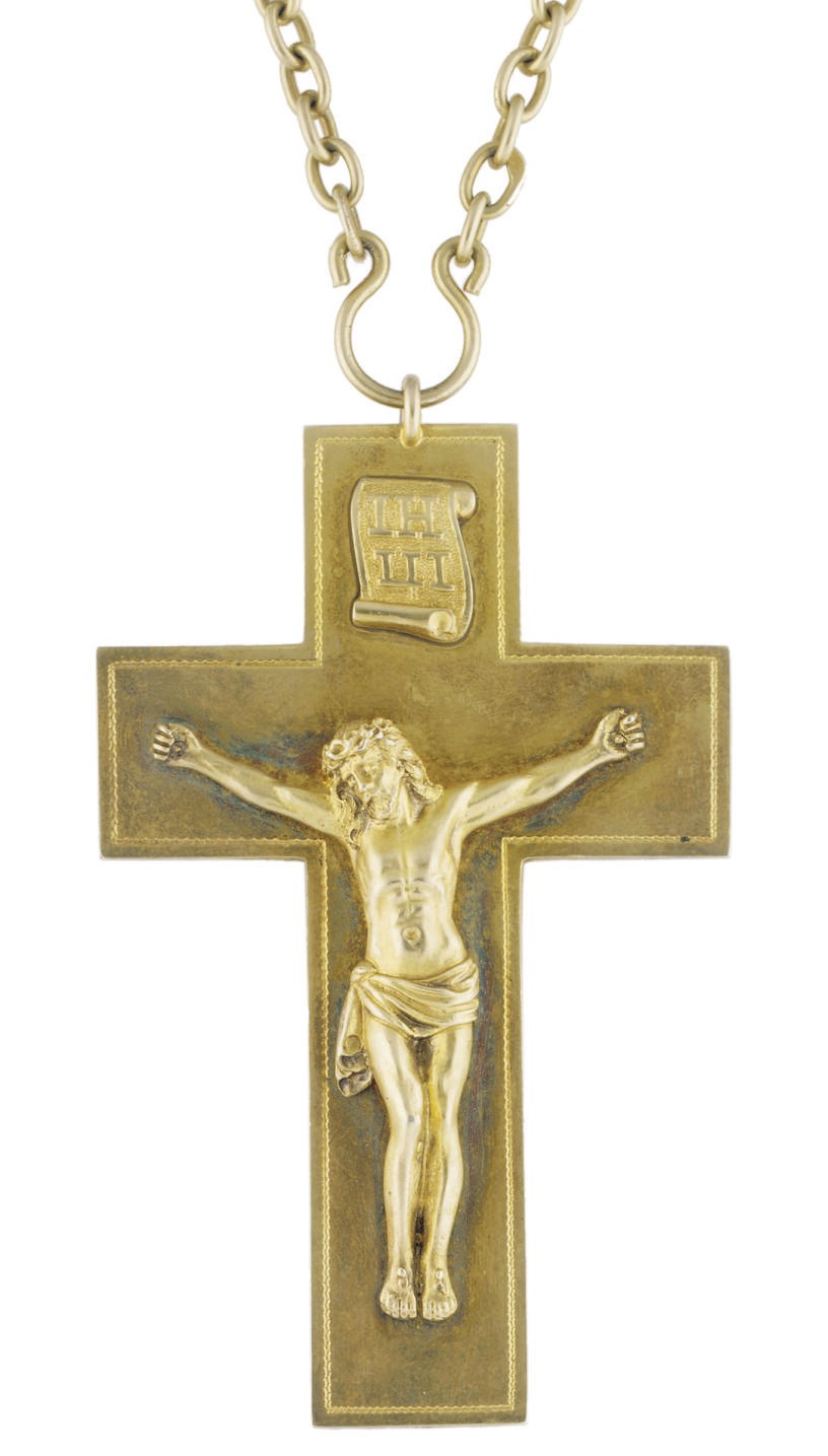 A SILVER-GILT PECTORAL CROSS WITH A DEDICATION ENGRAVED TO THE BACK