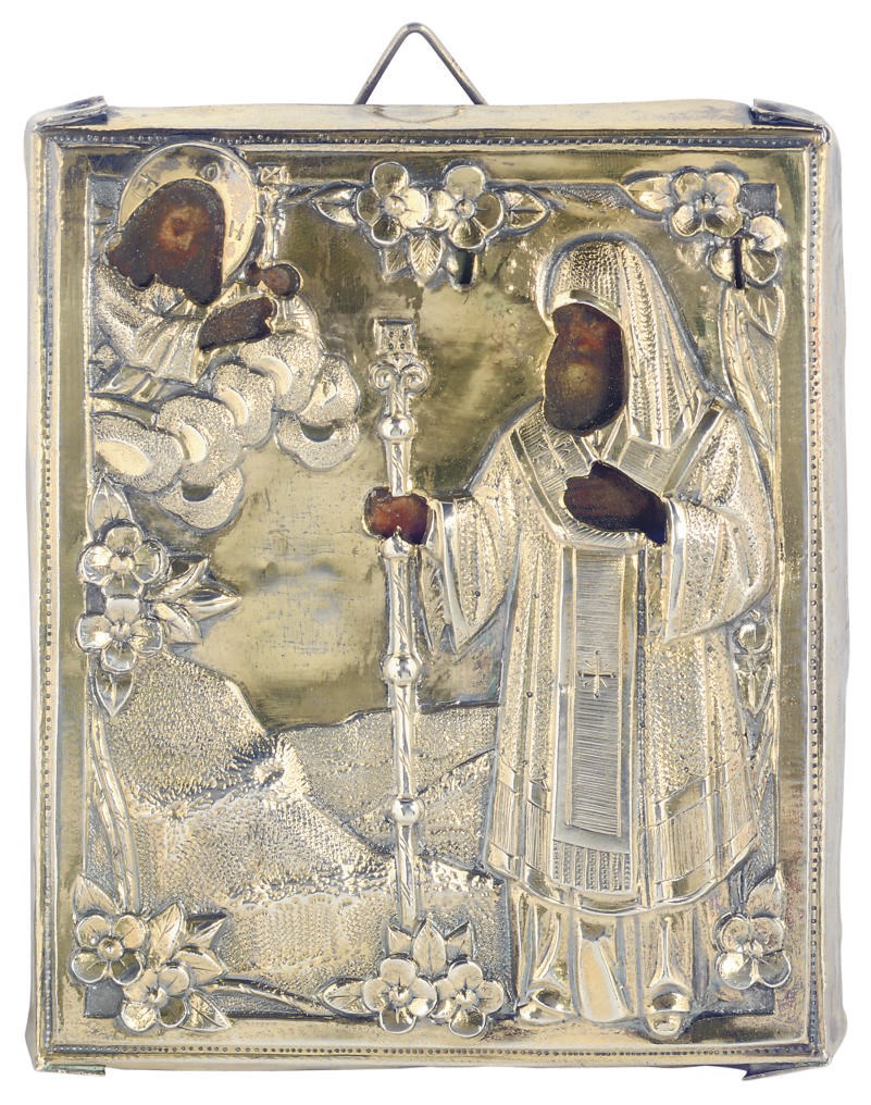 A TRAVELLING ICON OF THE APPARATION OF CHRIST TO A BISHOP WITH A PARCEL-GILT OKLAD