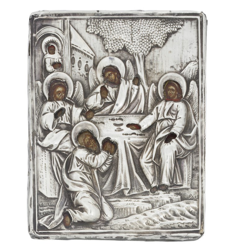 A TRAVELLING ICON OF THE OLD TESTAMENT TRINITY WITH A SILVER OKLAD
