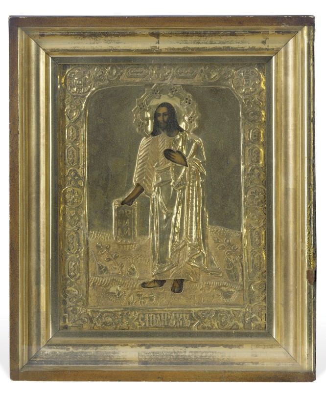 ST. JOHN THE FORERUNNER WITH A GILT METAL OKLAD SET IN A FRAME