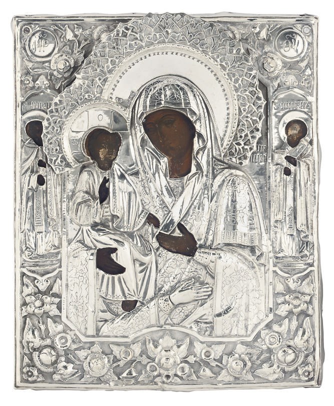 THE THREE-HANDED MOTHER OF GOD WITH A SILVER OKLAD AND TWO PATRON SAINTS ON THE BORDER