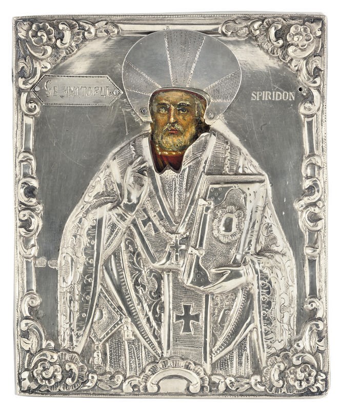 A TRAVELLING ICON OF SAINT SPIRIDON WITH A SILVER OKLAD