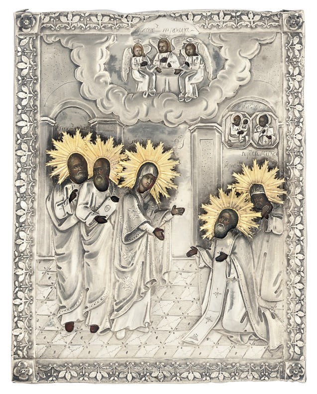 THE APPEARANCE OF THE MOTHER OF GOD TO ST. ANDREI BOGOLUBSKIY WITH AN INSCRIBED PARCEL-GILT OKLAD