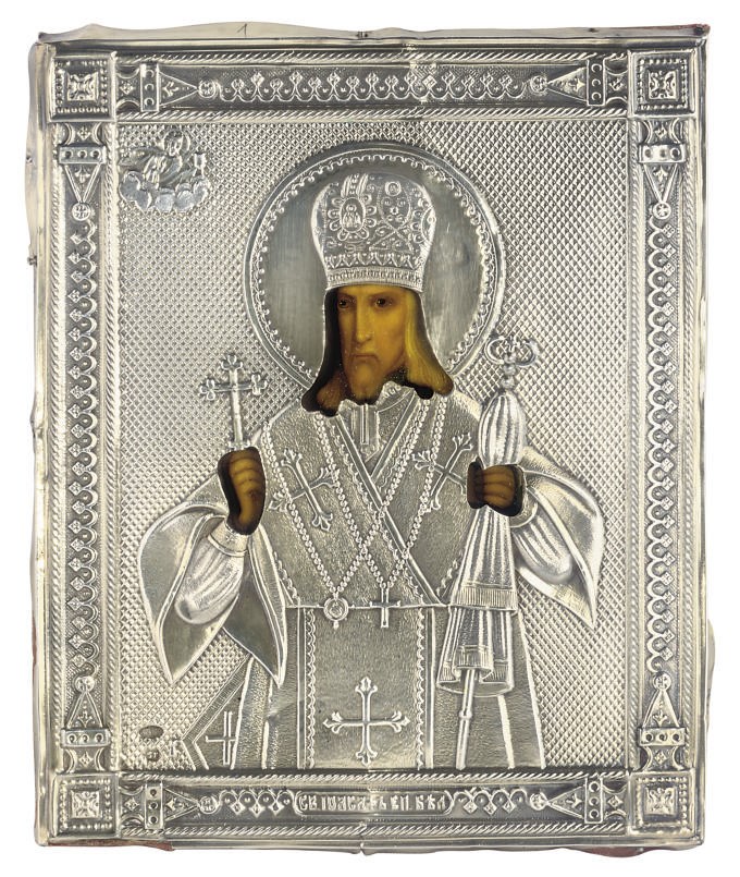 A TRAVELLING ICON OF THE BISHOP SAINT IOASAPH WITH A PARCEL-GILT OKLAD