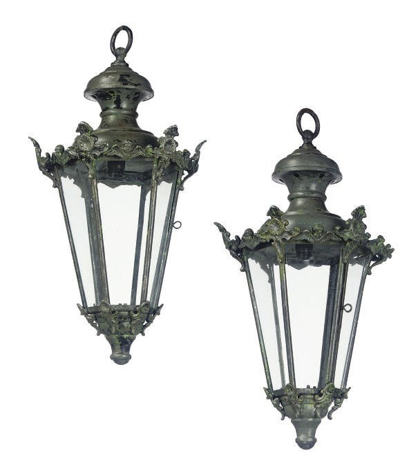 A PAIR OF ENGLISH ZINC HEXAGONAL HALL LANTERNS