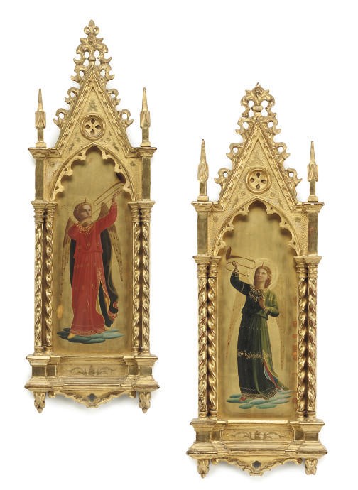 A PAIR OF FLORENTINE PAINTED WOOD PANELS OF ANGELS