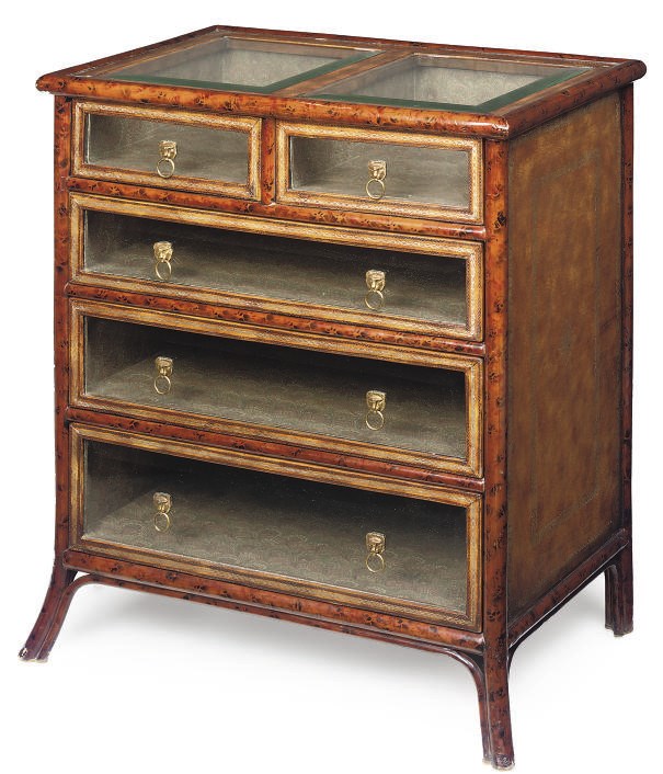 A DECORATED BAMBOO, GILT LEATHER AND GLASS MOUNTED CHEST