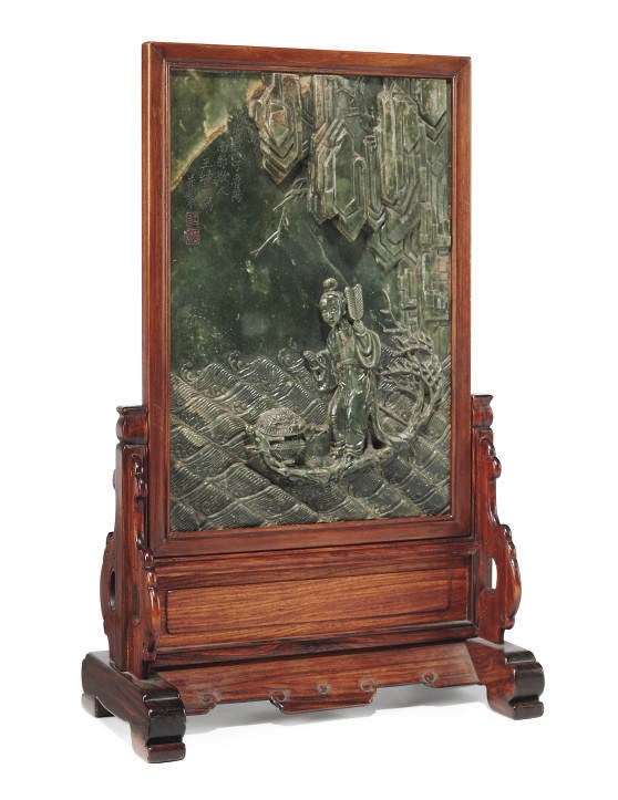 A CHINESE SERPENTINE INSET WOOD TABLE SCREEN