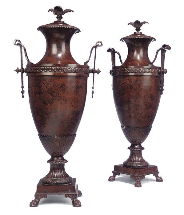 A PAIR OF PAINT DECORATED BRONZE VASES AND COVERS