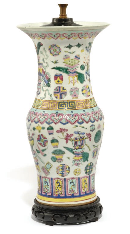 A CHINESE FAMILLE ROSE LAMPED BALUSTER VASE
