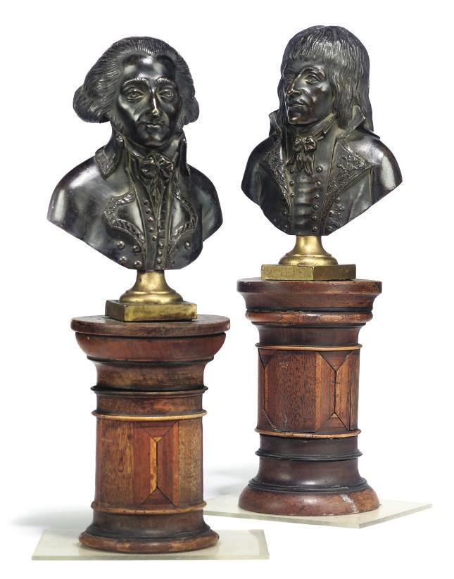 A PAIR OF FRENCH BRONZE BUSTS, PROBABLY ROBESPIERRE AND MARAT